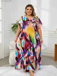 Grundläggande casual klänningar Bohemian tryckt plus size Sexig V -hals kort slve Loose Dress Tunika för kvinnor 2024 Summer Beachwear Moo Dresses Q831 1 T240415