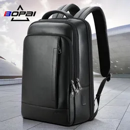 Backpack Bopai High Quality Leather Student 15.6 Inch Laptop Men's Classic Black Business Bags Male Autumn Travel Backpacks