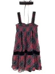 Deeptown Harajuku Goth Red Mini Vestido xadrez Mulheres Y2K Gothic Mall Cyber Punk Halloween Dresses Vintage One Piece Slip vestidos 240329