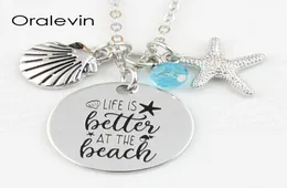 Whole LIFE IS BETTER AT THE BEACH Handmade Engraved Disc Pendant Charms Necklace Gift Jewelry 22MM10PcsLotLN1258222761