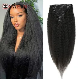 Kinky Straight Clip in Hair 7pcsset 1B# Natural Black Real Human Hairpiece Women 828inch 240401
