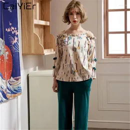 Heimkleidung Caiyier lange Ärmel Tops Baumwolle Frauen Pyjamas Sets Herbst Blumenmuster Pyjamas süßes Mädchen sexy Lounge Nachtwäscheanzug Anzug