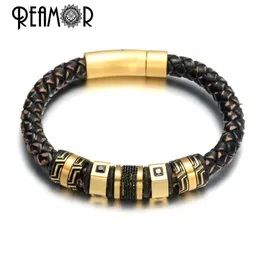 Reamor Luxo Aço inoxidável de aço preto Binchas de charme de ouro de zircão preto para homens Jóias de pulseira de couro genuíno