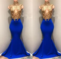 Modest African Gold Top in pizzo Abiti da ballo applicato 2019 High Neck Mermaid Wituil Royal Blu Sleeveless Abiti da sera trasparente BA8178014925