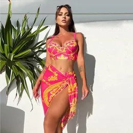 Elegant Retro Printed Bikini Three Piece Set High Waisted Sexy Swimsuit with Cover Up Skirt for Springs Beach Vacation 240411