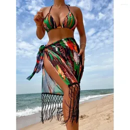 Kadın Mayo Seksi Bandeau Push Up Bikini Seti 3 Parça Mayo W/ Uzun Swimdress Bowknot Mesh Elbise Plaj Kapağı Mayo Takım