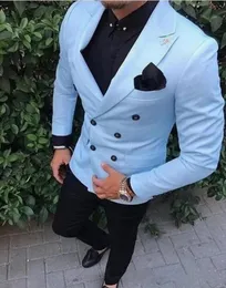 Ny ankomst Groom Tuxedos Double Breasted Light Blue Peak Lapel Groomsmen Man Suit Mens Wedding Suits Jacket Pantsstie 4253138450