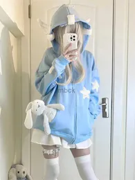 Mens Hoodies QWEEK Japanese Y2K Zip Up Blue Hoodie Women Harajuku Kawaii Angel Wings Pink Sweatshirts Oversized Subculture Star Black Jacket 240412