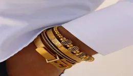 Мужские браслеты 4PCSSET Титановый сталь римский номер Золотой корона Час