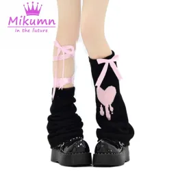 Socks Haruku Y2k Sweet Pink Ribbon Bow Laceup Knitted Leg Warmer Socks Gothic Punk Girl Bandage Jk Uniform Leg Socks Streetwear