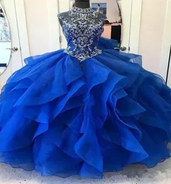 Splendido ciclo di perline Struttura Sheer High Calr Lascod Basque Bodice Royal Blue Horsehair Quinceanera Sweet 16 Ball Gown Girls Birthd3454491