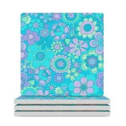 Bordmattor 175 Sixties Flowers Turquoise and Purple Ceramic Coasters (Square) Anpassa Tea Cup Holder Mat Söt