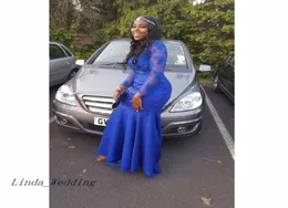 Manga longa Africana sul -africana Apliques de renda Sheer Oneck Prom Dress Royal Blue Formal Evening GOWN Custom Made Plus SIZ6379295