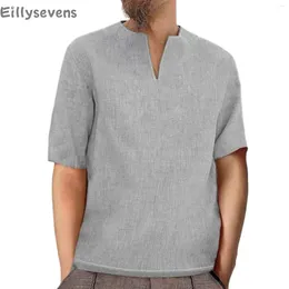 Camicie casual maschile da uomo Abbigliamento estivo a maniche corte a V-Neck Accogliente in cotone solido in cotone in cotone grande etnico Fashion Ropa Hombre