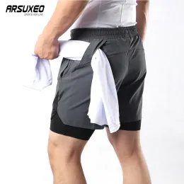 Pants Arsuxeo Men Running Shorts 2 i 1 med Multipock Fitness Training träning Jogging Workout Gym Sports Pants B208