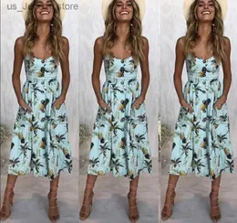 Podstawowe sukienki swobodne panie Fashion and Leisure Retro Sun Sukienka Summer 2024 Boho seksowna sukienka midi Button Backless Polka Dot Striped Floral Beach Sukienka 1 T240415