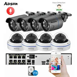 Câmeras IP Detecção de face Azishn H.265+ 8CH 5MP Poe NVR Kit de áudio CCTV Sistema 5MP Metal IP Camera