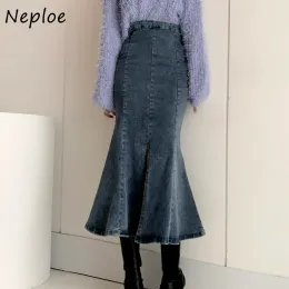 Sweatshirts High Waist Pleated Ruffled Blue Denim Skirts Women Slim Hip Mermaid Skirt Woman Chic Jean Faldas Femme Autumn Winter 2024