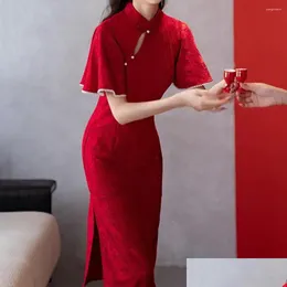 Etniska kläder Red Lace Cheongsam Women Elegant Slim Retro Dress Stand Collar 3/4Sleeve Jacquard Qipao Chinese Style Evening Drop Del Opspl