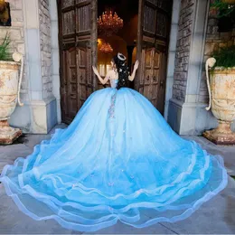 Angelsbridep Sky Blue 3D Flowers Quinceanera Dresses Off Shourdeld Beaded Aptique Mexican Girls Sweet 16 PROMバースデーボールガウン