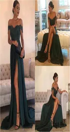 Темно -зеленый 2017 Sexy Prom Dress The Line Chefon OfftheShoulder пол длиной длины высокая боковая кружев