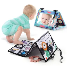 Baby Mirror Tummy Time Kids Toys sensoriais Livro de pano de bebê Silicone Baby Teether Mirror com Atividade Squeaker Montessori Toys