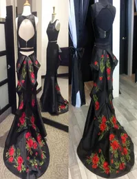 Two Piece Black Mermaid Prom Dresses Scoop ärmlös broderad satin backless långa festklänningar examen hemkomst klänningar7595876