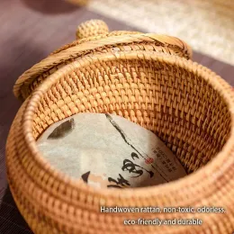 New Handwoven Rattan Storage Box with Lid Tea Food Container Kongfu Tea Set Bread Fruit Basket with Lid Puer Tea Bag Organizer