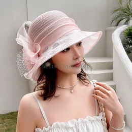 New Fashion Organza Mesh Bucket Hat for Women Girls Ruffles Wide Brim Summer Bridal Sun Caps Beach Wedding Exquisite Party Hat