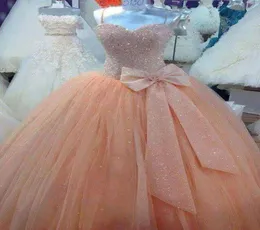 Shiny Sequined Bling Princess Ball Gown Prom Dresses Orange Vintage Quinceanera Party Dresses With Bow Spaghetti Straps Floor Leng3428007