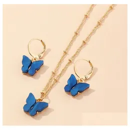 Ohrringe Halskette Neue Schmetterling Anhänger Halsketten und Set für Frauen Girls Fashion Pink Gold Elegant Choker Sweet Jewelry Geschenk Epack Dhoda