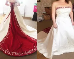 2016 Vintage Red and White Satin Brodery Wedding Dresses Axless A Line Lace Up Court Train Spring Fall Brudklänningar Vestidos6109318