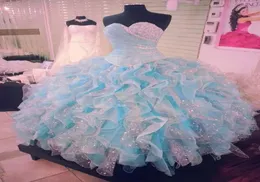 2018 New Light Sky Blue Beaded Ball Virties Quinceanera Dresses Sweetheath Neckline Listed Prom Volts Organza Ruffled Sweet 16 Dress1967370