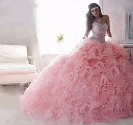 Принцесса сладкая 16 платья Quinceanera Ball Gown Organza Ruffle Pink Quinceanera Dresses для кружевного платья с стразами Debutante5171811