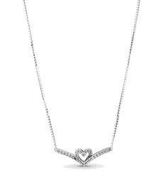 Fine Jewelry Authentic 925 Srebrny naszyjnik Srebrny Naszyjnik Wisiant Charm Sparkling Wishbone Heart Love Miłość zaręczyn