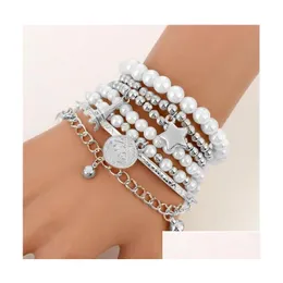 Charm Armband 6st/Set Gold Sier Color Link Chain Pearl Beads Armband Star Mtilayer Pärled Set for Women Party Jewelry Drop Delive Dhg28