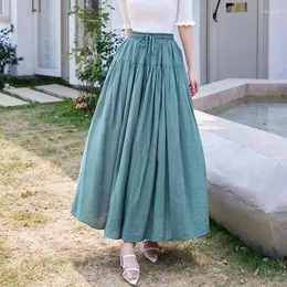 Saias Tingyili feminino de feminino A-line Long Maxi Skirt Spring Summer Summer String Pocketred Pocket Holiday Green Khaki White