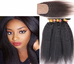 Virgin Brasilian Kinky Straight 3Bundles con 4x4 Seta Closure 4pcs Lot Italiano Chiusura di seta Yaki italiana con capelli vergini9869104