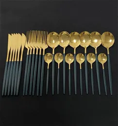 24pcs Novo conjunto de talheres de ouro verde Conjunto de espelho DinnenRware 1810 Faca de flanife de aço inoxidável Faca de faca de faca colher de colher de colher para casa 23041483