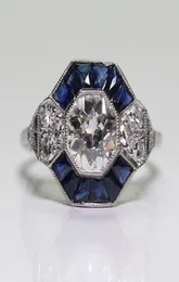 Antyczna biżuteria 925 Srebrna Diamond Sapphire Sapphire Wedding zaręczynowy Art Deco Ring Rozmiar 5126828170