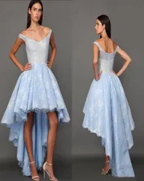 2017 High Low Sky Blue Prom -klänningar från axlarna Backless Lace Aso Ebi Graduation Dresses Arabic Style Party Homecoming Gowns1793322