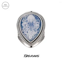 Cluster Rings Tzgrams äkta 925 Silver Natural Blue Onyx Medusa Ring White Shell Cameo Water Drop Goddess Big For Women Fine Jewelry