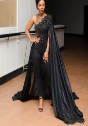 2019 Cape JacketWrap Style Lace Appliques Prom Dresses Sheath Saudi Arabic Women Formal Party Black One Shoulder Evening Dresses 3697310