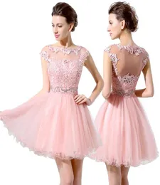 Cute Pink Short Prom Dresses Cheap ALine Mini Tulle Lace Beads Cap Sleeves Bateau Neck 2019 Junior 8th Grade Homecoming Dress Par9242543