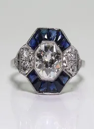 Antyczna biżuteria 925 Srebrna Diamond Sapphire Sapphire Wedding Empagandation Art Deco Ring Rozmiar 5127143951