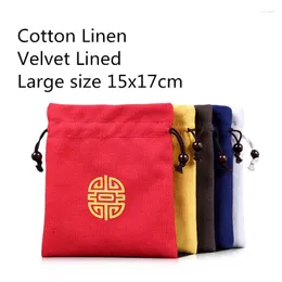 Storage Bags Large Chinese Style Linen Bag Cotton Velvet Drawstring Portable Small Tea Cup Travel Bracelet Jewelry Pouch 2pcs