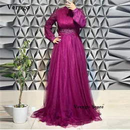 Вечеринка платья Вернго скромные шелковые тусы с длинными рукавами вечерние высокие шеи аппликация темно -фиолетовое бежевое чернокожие арабские женщины формальные выпускные платья