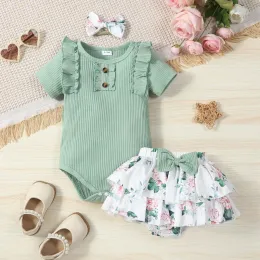 شورتات Suefunskry Baby Girls 3pcs Shorts مجموعات ألوان صلبة Romper و Floral PP شورتات العقب مجموعات الملابس الصيفية