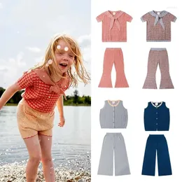 Clothing Sets Pre-sale (Ship In April) 2024 KP Summer Baby Girls Clothes Knitted Vest Hollowed Out Flared Pants Suit Kids Boys Shirt