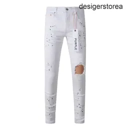 Jeans de marca roxa Moda de alta qualidade com tinta branca de rua High White Repair angustiado Reparo Pontas de jeans skinny